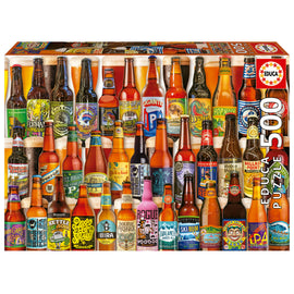DRAFT BEERS jigsaw puzzle featuring a vibrant collection of beer bottles with various colorful labels, showcasing the artistry of craft beer branding. The box includes 500 pieces, designed for puzzle enthusiasts and beer lovers alike. Educa logo is visible at the corner, emphasizing quality and fun.