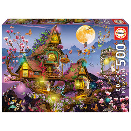The Educa Fairy House jigsaw puzzle features a whimsical illustration of a fairy-tale treehouse adorned with flowers, butterflies, and luminous lanterns. The intricate design showcases vibrant colors and enchanting details, perfect for puzzle enthusiasts and fairy lovers alike, with 500 pieces to assemble.
