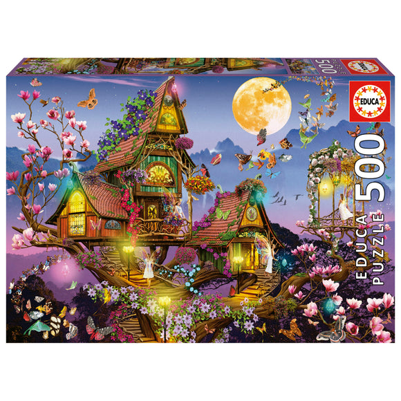 The Educa Fairy House jigsaw puzzle features a whimsical illustration of a fairy-tale treehouse adorned with flowers, butterflies, and luminous lanterns. The intricate design showcases vibrant colors and enchanting details, perfect for puzzle enthusiasts and fairy lovers alike, with 500 pieces to assemble.