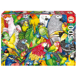 Educa jigsaw puzzle titled 'PARROTS' featuring a vibrant and colorful illustration of various parrot species. The puzzle contains 500 pieces and showcases a diverse array of birds with intricate details and bright colors.