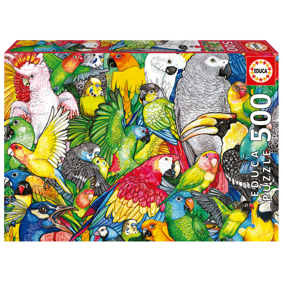 Educa jigsaw puzzle titled 'PARROTS' featuring a vibrant and colorful illustration of various parrot species. The puzzle contains 500 pieces and showcases a diverse array of birds with intricate details and bright colors.