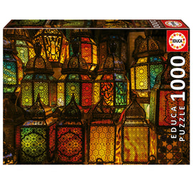 Educa Lantern Collage 1000PC jigsaw puzzle featuring an array of beautifully designed illuminated lanterns in various colors, showcasing intricate patterns and textures in a vibrant, artistic arrangement.