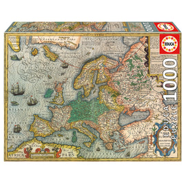Educa 1000-piece jigsaw puzzle depicting a detailed historical map of Europe, featuring intricate artwork, countries, and surrounding oceans, perfect for history and puzzle enthusiasts.