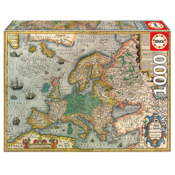 Educa 1000-piece jigsaw puzzle depicting a detailed historical map of Europe, featuring intricate artwork, countries, and surrounding oceans, perfect for history and puzzle enthusiasts.