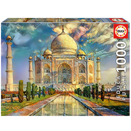 Educa 1000-piece jigsaw puzzle featuring an artistic depiction of the Taj Mahal. The image showcases the majestic structure surrounded by lush greenery, reflected in a serene water body under a colorful sky.