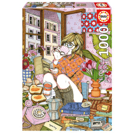The box of the Educa jigsaw puzzle titled 'TIME FOR MYSELF', featuring a cozy illustration of a girl enjoying tea and reading a book among colorful decor and cheerful flowers. The setting includes a stack of books, a retro telephone, and delicious snacks, encapsulating a serene moment of personal time. The puzzle consists of 1000 pieces, designed to provide a relaxing and enjoyable experience.