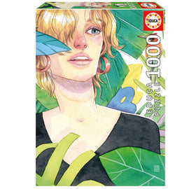TROPICAL 1000PC jigsaw puzzle by Educa featuring a vibrant illustration of a woman surrounded by tropical leaves and bright colors. The box showcases intricate art and vibrant hues, perfect for puzzle enthusiasts looking for a creative challenge.