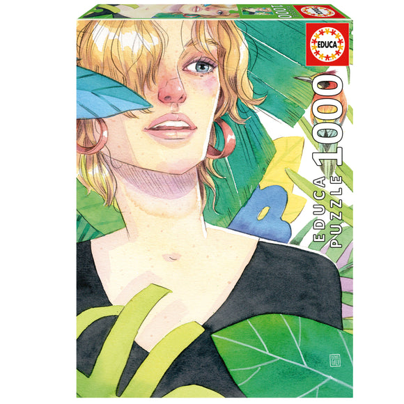 TROPICAL 1000PC jigsaw puzzle by Educa featuring a vibrant illustration of a woman surrounded by tropical leaves and bright colors. The box showcases intricate art and vibrant hues, perfect for puzzle enthusiasts looking for a creative challenge.