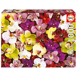 Educa Orchid Collage jigsaw puzzle featuring vibrant and colorful images of various orchids. This 1000-piece puzzle showcases an array of orchids in shades of pink, purple, yellow, and white, set against a contrasting background, providing a challenging and beautiful assembly experience.