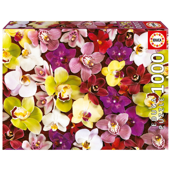 Educa Orchid Collage jigsaw puzzle featuring vibrant and colorful images of various orchids. This 1000-piece puzzle showcases an array of orchids in shades of pink, purple, yellow, and white, set against a contrasting background, providing a challenging and beautiful assembly experience.