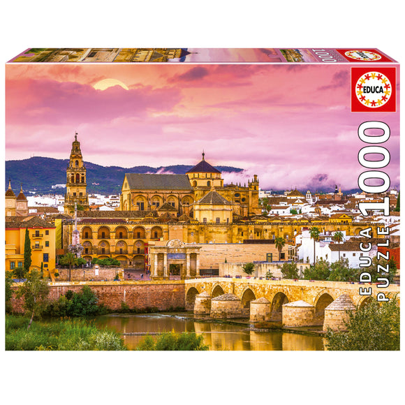 Educa CORDOBA 1000PC jigsaw puzzle box featuring a beautiful sunset view over the iconic architecture of Cordoba, Spain, with the bridge and river in the foreground.