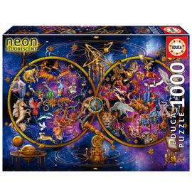Educa's CONSTELLATIONS jigsaw puzzle featuring a vibrant, intricate design of various constellations with mythological creatures and celestial elements against a deep cosmic background. This puzzle contains 1000 pieces and is enhanced with neon fluorescent details that glow in the dark, making it a captivating and visually stunning activity for puzzle enthusiasts.