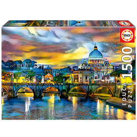 Educa 1500-piece jigsaw puzzle featuring a colorful illustration of St. Peter's Basilica with a beautifully lit bridge in the foreground. The sunset sky adds a magical touch, enhancing the scene's vibrant colors and intricate details.