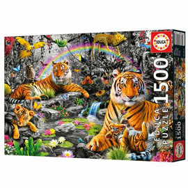 Educa BRILLIANT JUNGLE jigsaw puzzle box featuring a colorful and vibrant jungle scene with tigers, lush plants, flowers, and a rainbow. The puzzle contains 1500 pieces, showcasing a detailed depiction of wildlife in a tropical setting.