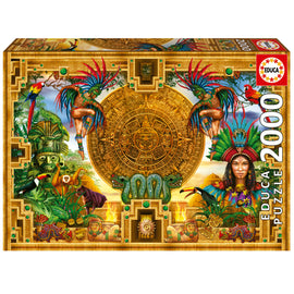 The Educa Aztec Mayan Montage jigsaw puzzle box featuring an intricate design with vibrant colors depicting Aztec and Mayan imagery, including a sun stone, colorful birds, and richly adorned characters. The box is for a 2000-piece puzzle.