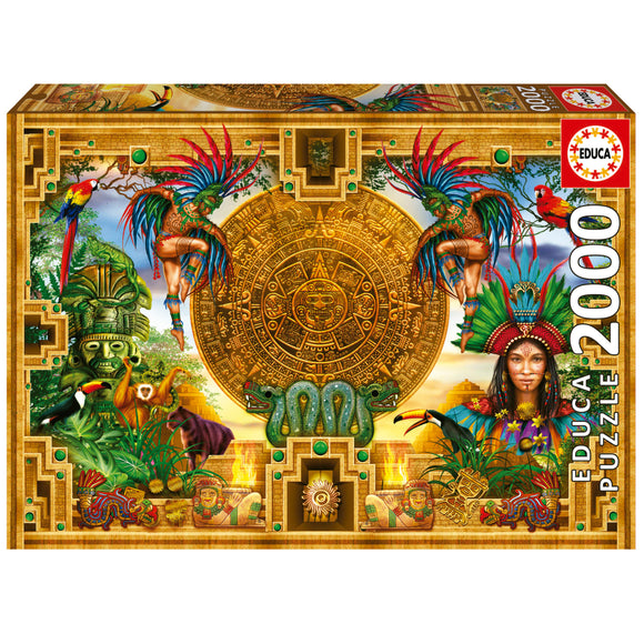 The Educa Aztec Mayan Montage jigsaw puzzle box featuring an intricate design with vibrant colors depicting Aztec and Mayan imagery, including a sun stone, colorful birds, and richly adorned characters. The box is for a 2000-piece puzzle.