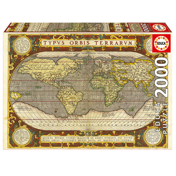 Educa 2000-piece jigsaw puzzle featuring a vintage map of the world, richly illustrated with detailed geographical features and decorative elements around the border. The map includes labels in Latin and showcases a classic cartographic style, making it both educational and visually appealing.