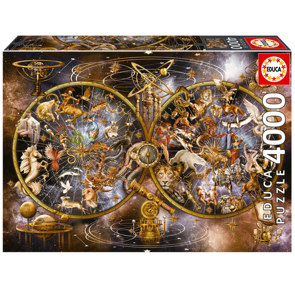 The CONSTELLATIONS jigsaw puzzle by Educa features a stunning 4000-piece design depicting a vibrant celestial scene filled with intricate illustrations of mythological figures, zodiac signs, and constellations, set against a starry background. The puzzle showcases golden celestial instruments and various animals intertwined with the zodiac themes, creating a complex and beautiful image intended for puzzle enthusiasts and astronomy lovers alike.