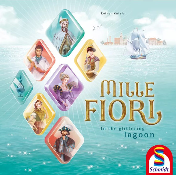 Mille Fiori game box featuring colorful diamond-shaped cards depicting various historical characters. The background shows a serene lagoon with a ship. Designed by Reiner Knizia and produced by Schmidt Spiele.