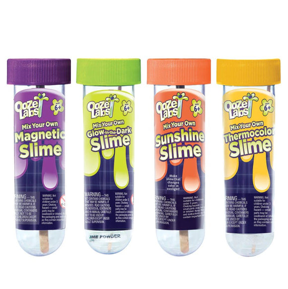 Four colorful tubes of slime kits from Thames & Kosmos, labeled Magnetic Slime, Glow-in-the-Dark Slime, Sunshine Slime, and Thermocolor Slime. Each tube features vibrant colors and has a child-friendly design, suitable for ages 6 and up. The kits allow children to create their own unique slimes with various properties and fun effects.
