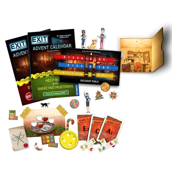The Silent Storm Advent Calendar by Thames & Kosmos featuring game components: riddle cards, instruction booklets, colorful tokens, and a decoder table. The set includes festive illustrations and figures, designed for exciting group play or solo challenges during the holiday season.