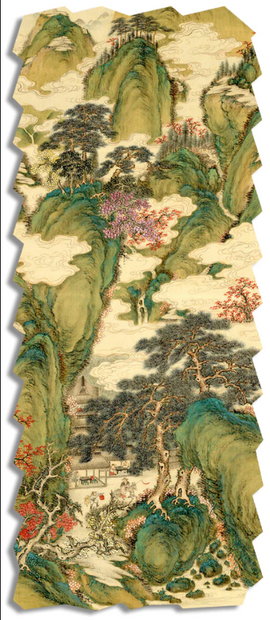A beautiful jigsaw puzzle titled 'White Clouds and Crimson Trees' by Artifact Wooden Puzzles, featuring intricate artwork of lush hills adorned with crimson trees, delicate flowers, and swirling clouds. The design showcases serene landscapes with charming figures interacting in a tranquil setting, creating a captivating and peaceful scene for puzzle enthusiasts.