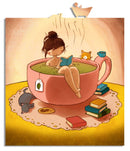 A whimsical jigsaw puzzle titled 'Tea Bath' by Stasia Burrington featuring a girl relaxing in a giant pink teacup filled with green tea while reading a book. A curious cat and an orange fox keep her company, surrounded by colorful books and a cookie on a decorative rug.