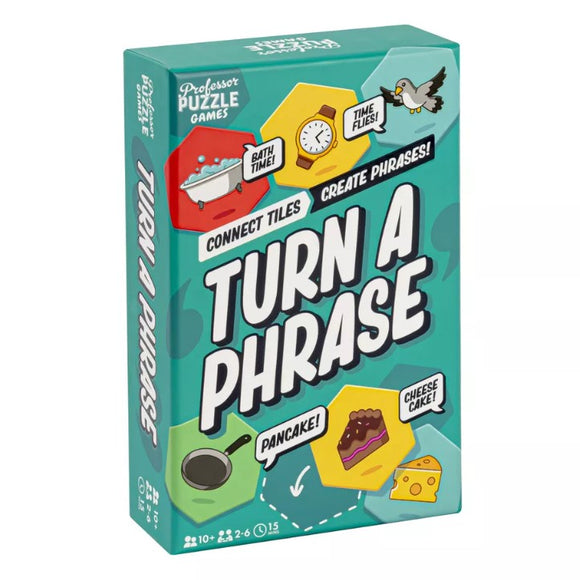 A colorful box design for the game 'Turn a Phrase' by Professor Puzzle. The box features playful graphics illustrating various icons like a bathtub, a clock, a pancake, and a cheese cake. The text 'CONNECT TILES CREATE PHRASES!' invites players to engage in this fun, interactive word game for ages 10 and up, suitable for 2 to 6 players with an estimated playtime of 15 minutes.