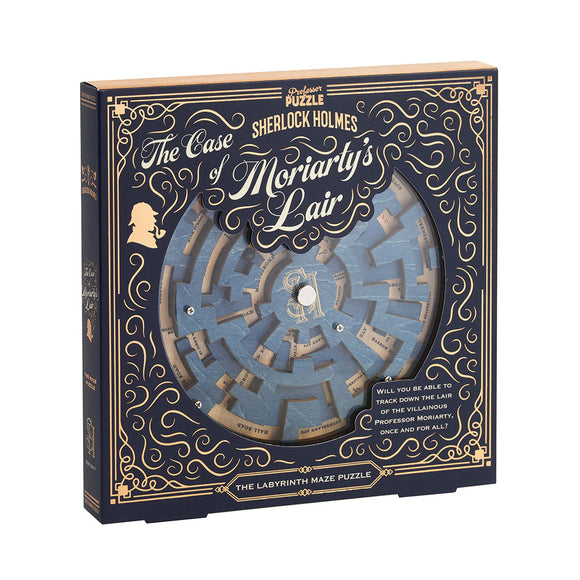 The Case of Moriarty's Lair by Professor Puzzle, a beautifully designed mechanical puzzle in a round labyrinth format. The packaging features elegant graphics and includes a challenge to track down the lair of Professor Moriarty, offering a unique blend of mystery and interactive fun.