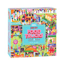Colorful jigsaw puzzle titled 'Food Trucks' by Professor Puzzle. The 500-piece puzzle box features vibrant illustrations of various food trucks, vendors, and carnival activities, showcasing an array of foods including chicken and tacos. Dimensions of the puzzle are 14 x 19 inches (36 x 48 cm).