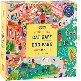 The Cat Cafe and Dog Park Double Sided Puzzle by Professor Puzzle features colorful and whimsical illustrations of cats and dogs, showing scenes from a vibrant cat cafe on one side and a lively dog park on the other. The puzzle contains 500 pieces and measures 14 x 19 inches when complete, making it a fun and engaging activity for animal lovers.