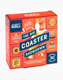 The Big Coaster Showdown game by Professor Puzzle, featuring a vibrant box design with icons representing various coaster games. The packaging boasts 'Contains 30 coasters' and states 'The ultimate collection of coaster games' with a playful and colorful layout that appeals to adults.