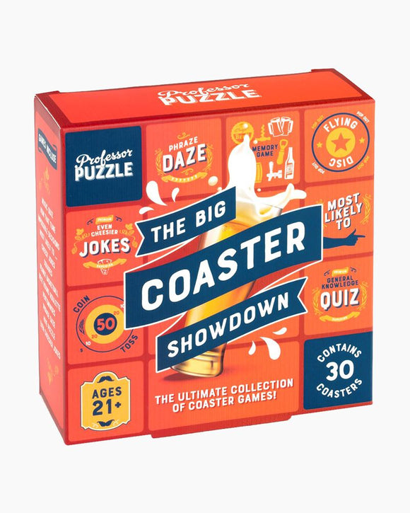 The Big Coaster Showdown game by Professor Puzzle, featuring a vibrant box design with icons representing various coaster games. The packaging boasts 'Contains 30 coasters' and states 'The ultimate collection of coaster games' with a playful and colorful layout that appeals to adults.