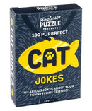 A playful game titled 'Cat Jokes' by Professor Puzzle, featuring a colorful box design with a yellow fish graphic and bold text. The box contains 100 humorous jokes centered around cats, perfect for cat lovers and party fun.