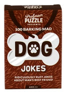 Professor Puzzle's Dog Jokes game featuring a fun and engaging design with a dog bone shape. The box displays the title 'Dog Jokes' and highlights '100 Barking Mad' jokes, promising laughter and entertainment for dog lovers. Ideal for a game night with friends or family, offering joy and humor centered around man's best friend.