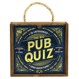 The Big Pub Quiz is a vibrant board game designed by Professor Puzzle, featuring a wooden box with a rope handle. It includes 10 categories, such as Food & Drink, Science & Nature, and Art & Literature, with a total of 1,000 questions for fun and engaging group play. Suitable for 3 or more players or multiple teams aged 14 and up.
