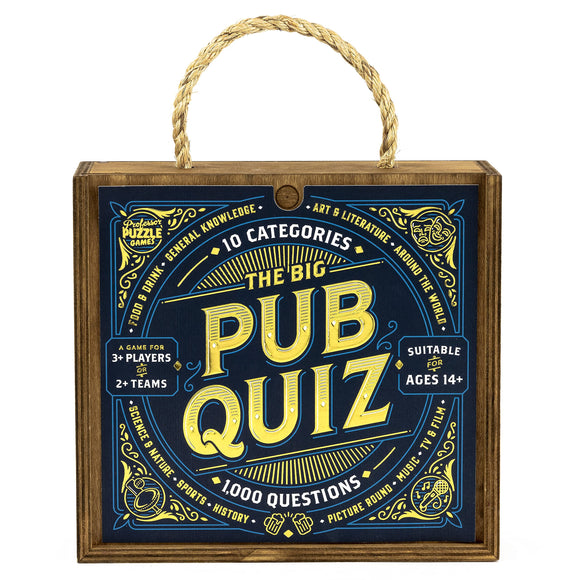 The Big Pub Quiz is a vibrant board game designed by Professor Puzzle, featuring a wooden box with a rope handle. It includes 10 categories, such as Food & Drink, Science & Nature, and Art & Literature, with a total of 1,000 questions for fun and engaging group play. Suitable for 3 or more players or multiple teams aged 14 and up.