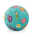 A colorful 5-inch ball designed by Crocodile Creek, featuring vibrant aquatic-themed illustrations of fish, seahorses, and bubbles on a textured blue surface. Ideal for active play and outdoor fun.
