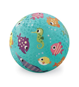 A colorful 5-inch ball designed by Crocodile Creek, featuring vibrant aquatic-themed illustrations of fish, seahorses, and bubbles on a textured blue surface. Ideal for active play and outdoor fun.