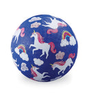 A vibrant 5-inch ball featuring a whimsical design with unicorns, rainbows, and fluffy clouds against a blue background. Perfect for outdoor play and imaginative fun.