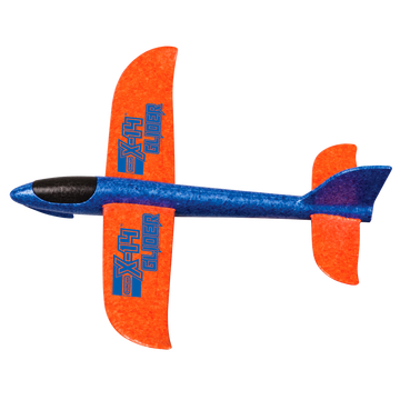 The X-14 Glider with Hand Launcher from Duncan is a colorful, lightweight foam glider. It features a blue body with vibrant orange wings and 'X-14 GLIDER' printed on the sides, designed for easy launching and long flight distances, ideal for outdoor fun and educational play.
