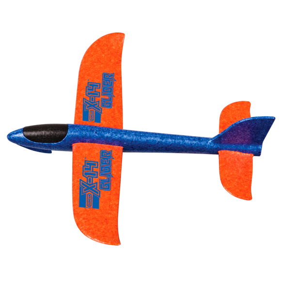 The X-14 Glider with Hand Launcher from Duncan is a colorful, lightweight foam glider. It features a blue body with vibrant orange wings and 'X-14 GLIDER' printed on the sides, designed for easy launching and long flight distances, ideal for outdoor fun and educational play.