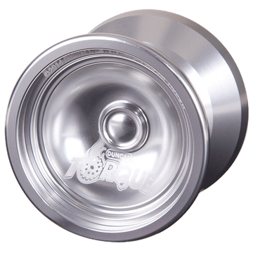 Close-up image of the Torque Aluminum Sterling Yoyo by Duncan. The yoyo features a sleek silver aluminum finish and a smooth surface, providing excellent performance for tricks and maneuvers. The Duncan logo is engraved on the side, showcasing the brand's commitment to quality and craftsmanship.