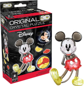 3D Crystal Puzzle featuring Mickey Mouse by bePuzzled. This colorful jigsaw puzzle includes 36 transparent and vibrantly colored pieces to create a whimsical figure of Mickey Mouse, showcasing his iconic ears and red shorts. The puzzle is suitable for ages 12 and up and is packaged in an eye-catching box with a collection theme.