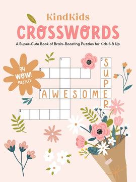 Cover of KindKids Crosswords, a puzzle book featuring cute illustrations of flowers and a crossword layout. It promotes brain-boosting fun for children aged 6 and up, with 74 engaging puzzles.