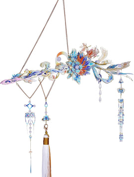 A beautifully crafted Phoenix-Flower Hairpin displayed within an elegant sword scabbard. The hairpin features intricate designs with colorful flowers, pearls, and hanging tassels, showcasing a blend of art and craftsmanship. The overall presentation highlights the delicate and exquisite nature of this DIY kit by Mu Model.