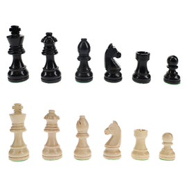 A set of Staunton-style chessmen featuring 3-inch king pieces. The top row displays various black chess pieces, including a king, queen, and knight, while the bottom row shows corresponding light wooden pieces. Each piece has a classic design, suitable for traditional chess gameplay.