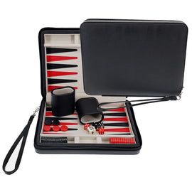 9-inch magnetic backgammon game set by Wood Expressions. Features a compact design with a black exterior, organized interior with dice, checkers, and a convenient carrying handle, ideal for travel and play.