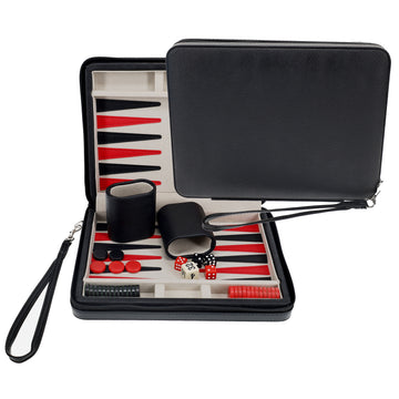 9-inch magnetic backgammon game set by Wood Expressions. Features a compact design with a black exterior, organized interior with dice, checkers, and a convenient carrying handle, ideal for travel and play.
