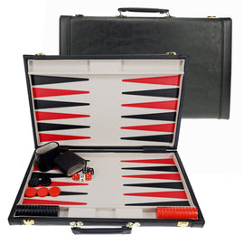A sophisticated 21-inch Backgammon set featuring a black and red leather exterior. The interior showcases a stylish playing board with bold black and red triangles. Included are smooth playing pieces, two dice, and a dice cup, all neatly organized in the case. The case is closed with a sturdy handle for easy transport, making it perfect for game nights or travel.
